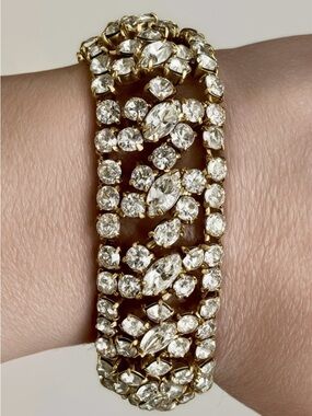 Kramer Rhinestone Bracelet Wide Gold Vintage Statement Bracelet 1950s Signed